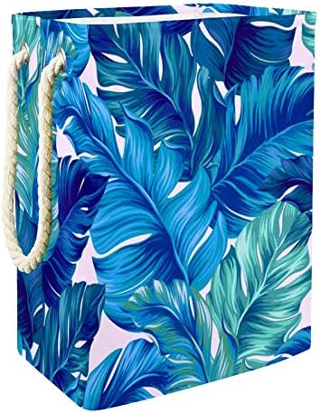 Lavanderia cestar a aquarela azul folhas de palmeira tropical cesto de armazenamento de lavanderia dobrável com alças suportes destacáveis ​​bem segurando à prova d'água para roupas de brinquedos de roupas no quarto da lavanderia