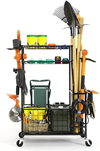 Organizador de ferramentas de jardim para garagem, jardim de ferramentas de jardim sobre rodas, rack de torre de ferramentas de garagem, suporte para ferramentas para garagem, galpão, jardim, garagem, ar livre, aço pesado, preto, organizador de garagem