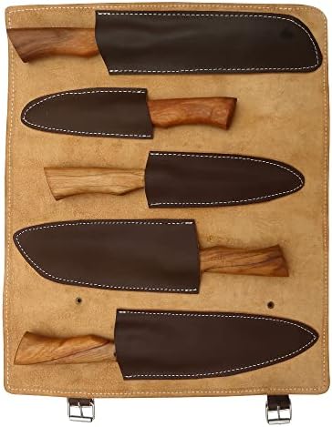 Damascen Knives 5 - Facas de lâmina fixa profissional, facas de cozinha com bainha de couro genuína, bordas afiadas