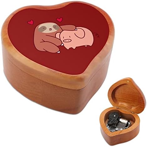 Nudquio Sloth Loves Pig Wood Music Box em forma de coração vintage Caso musical