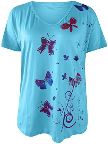 Camisas de manga curta para mulheres Deep V pescoço spandex Butterfly Floral Graphic Relaxed Tops