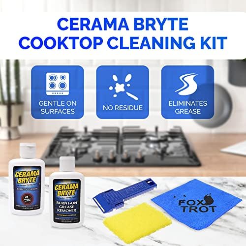 Cerama Bryte Kit de limpeza de cozinheiro completo | Inclui Cerama Bryte Cooktop Cleaner | Cerama Bryte queimou no removedor de graxa | Combinação de lavador de raspador | Foxtrot Microfiber