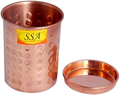 Shiv shakti arts® puro copo de vidro de cobre, design martelado para beber água por servir - com tampa,