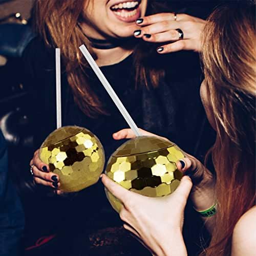 C Crystal Lemon Gold Disco Ball Cups com canudos - Conjunto de 4 xícaras - Perfeito para entretenimento e comemorar em estilo - ótimo para o Dia de Ação de Graças, Natal, Hanukkah, Dia dos Namorados e muito mais!
