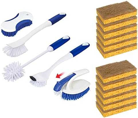 Celox 5 pacote de escova de cozinha conjunto com alça ergonômica e 12 embalagem de esponja de celulose natural dupla face para lavagem de louça