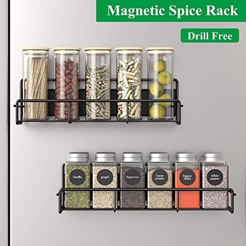 Huggiegems 2 embalagem Organizador de rack de especiarias magnéticas para geladeira e forno de microondas, prateleira de geladeira de metal para cozinha, preto