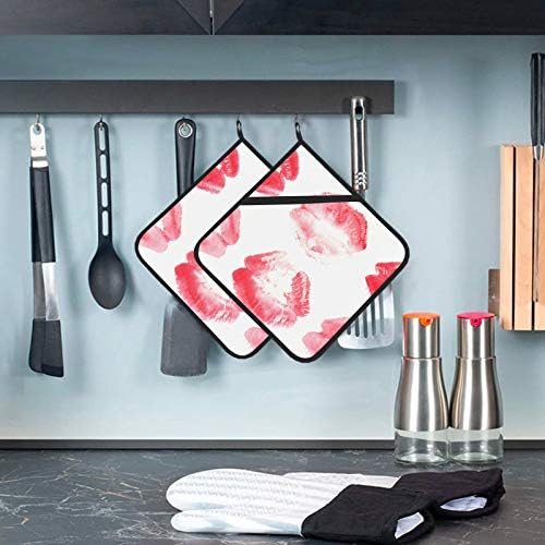 Lipstick Kiss marca os suportes de panela com bolsos resistentes ao calor Loops de panela 2 PCs Pote Pote para cozinha 8 × 8 polegadas para cozinhar e assar