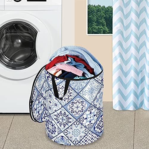 Mandala azul vintage cesto de roupa com lavanderia com tampa de cesta de armazenamento dobrável Bolsa de roupa dobrável para o quarto de viagem para o hotel