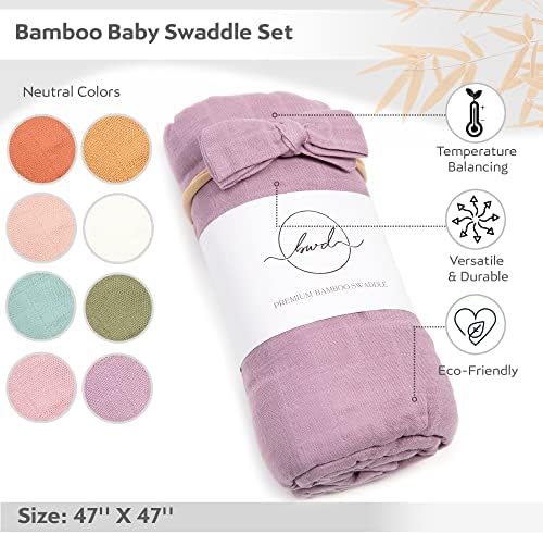 Baby Want Designs Baby Swaddle Blanket & Bow; Conjunto premium de swaddle de recém -nascido de algodão de bambu; Ultra-Soft e Eco-Friendly, Grande 47 pol, lavável máquina, swaddles para recém-nascidos