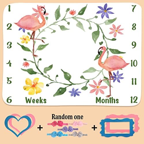 Phmojen flamingo mensal marco cobertor para bebê bebê, 48 x40 flanela macia aquarela de flor tropical folhas de memória Crescimento da memória foto para chá de bebê recém -nascido 1 a 12 meses com marcas