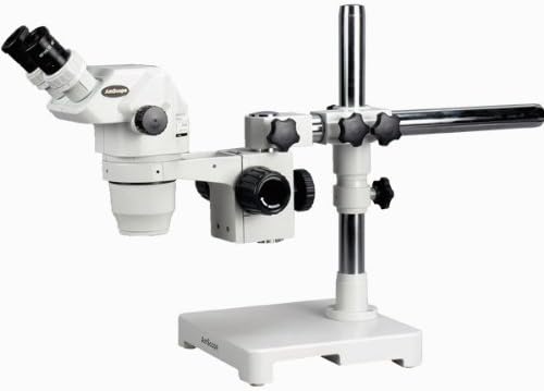 AMSCOPE ZM-3BW3 Microscópio de zoom estéreo binocular profissional, EW10X e EW25X Economia, ampliação 2x-225x, objetiva de zoom de 0,67x-4,5x, iluminação ambiente, suporte de boom de braço único, inclui 0,3x e 2,0x lentes de barlow