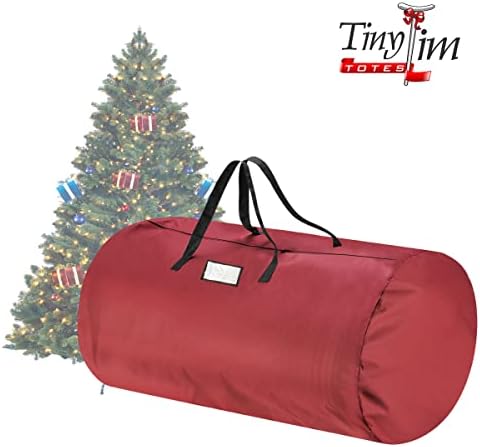 Tiny Tim Totes Bolsa de Armazenamento de Árvores de Natal, Canvas Premium Duffel redonda, se encaixa em até 12 pés, vermelha