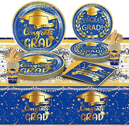Acessórios para festas de graduação Acessórios azuis e dourados parabéns pós -utensílios de pós -graduação para decoração de festa de graduação Decorações essenciais inclui placas guardanapos de mesa de mesa de mesa