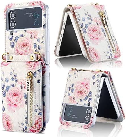 XIMAND PARA SAMSUNG Galaxy Z Flip 3 5G Caixa de carteira de cartão de crédito com correia com cinta, Rose Pattern Crossbody Purse Floral Kickstand para mulheres, fofas e charmosas.