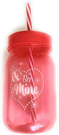 Tumbler de jarra de plástico vermelho do Dia dos Namorados com tampa e palha listrada, mina de abelha,