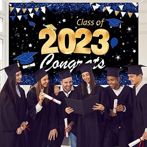 Classe de 2023 Banner Cenário | Decorações de festa de formatura 2023 azul e ouro | Classe de 2023 Sinal para a festa de formatura Supplies 2023 | Parabéns Banner de graduação