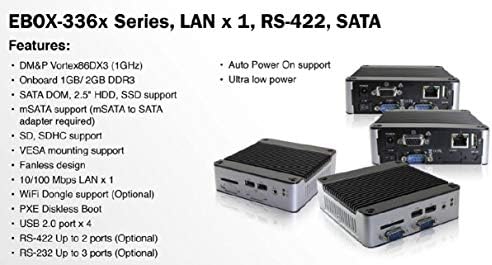 Mini Box PC EB-3362-L2851C1P suporta saída VGA, porta RS-485 x 1, porta RS-232 x 1, porta MPCIE x 1 e energia automática ligada. Possui Ethernet de 1 porta 10/100 Mbps e 1 porta 1 Gbps Ethernet.