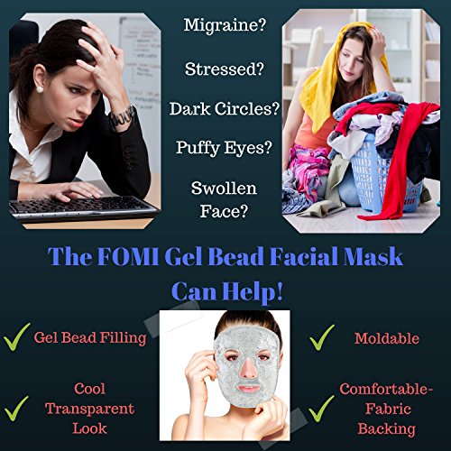Fomi Hot and Cold Terapy Gel Bead Cuidado de máscara facial completa | Máscara facial do gelo para dor de cabeça de enxaqueca, alívio do estresse | Reduz o inchaço dos olhos, as olheiras | Tecido traseiro | Congelável, microondas