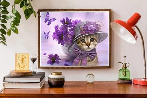 Kits de arte de pintura de diamante de gato para adultos, kit de pinturas de diamantes de diamante 5D de borboleta roxa para borboleta gato de diam