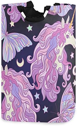 VISESUNNY Purple Unicorn Floral Grande cesto de roupa com alça com alça Durável Roupa Durável