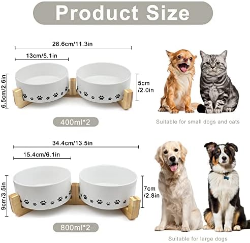 Ptlom Ceramic Pet Bowls para cães e gatos, comida de cachorro elevada e tigela de água com suporte de madeira anti-deslizamento, animais de alimentação de animais de alimentação adequados para cães pequenos, médios e grandes, brancos, 14 oz