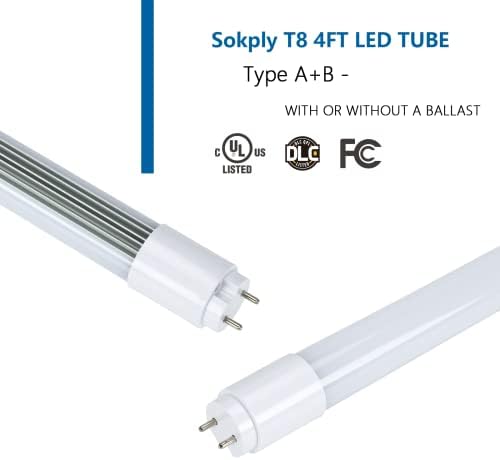 Lâmpadas de tubo led de T8 Sokply LED 4 pés tipo A+B 18W 2250LM, F32T8/F40T12 Substituição fluorescente, 4000k White Cool, plug e play ou desvio de lastro, extremidade dupla, ul & dlc listado