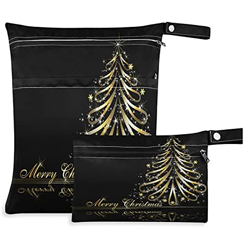 VISESUNNY Golden Christmas Tree 2pcs bolsa molhada com bolsos com zíper bolsa de fraldas lagartas laváveis ​​para viajar, praia, creche, carrinho, fraldas, roupas de ginástica sujas, roupas de banho molhadas, produtos de higiene pessoal
