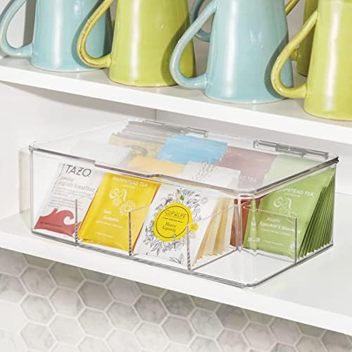 Mdesign Plastic Tea Sagg Divided Storage Organizer Container Box com tampa da dobradiça para armário de cozinha,