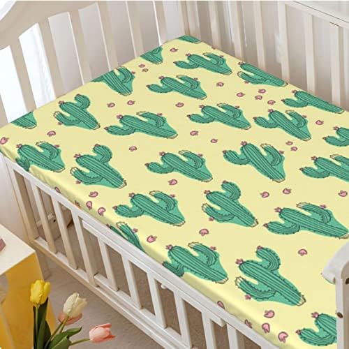Mini-berço com tema suculento, lençóis de berço, lençóis de berço portáteis Criança lençóis de colchão-bebê lençóis de berço para menina ou menino, 24 “x38“, verde-marinho amarelo pálido