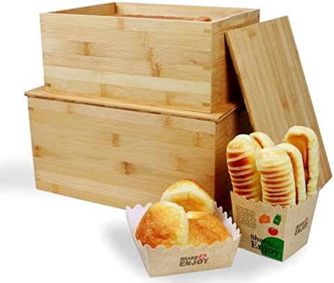 2pcs Caixa de pão grande, recipiente natural de alimentos de bambu, lixeira de pão extra para família