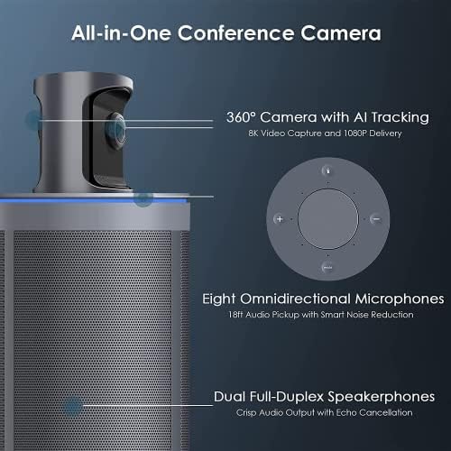 Reunião do Nexigo 360, 8K capturou o rastreamento de enquadramento e alto-falante movido a IA, câmera de videoconferência Smart AIO de 1080p HD 360 graus, 8 microfones com cancelamento de ruído e alto-falante