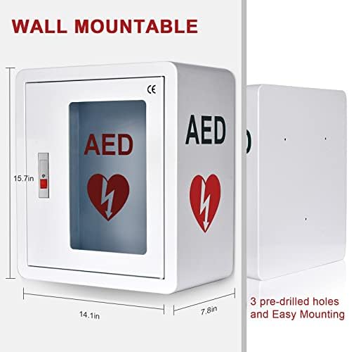 Gabinete SVOOMVS AED, Primeiros socorros AED Desfibrilador Gabinete de armazenamento montado na parede, a placa de aço de metal vem com trava de chave e encaixe, se encaixa em todas as marcas ciências cardíacas para locais públicos, 15,7 x 14,2 x 7,8 polegadas