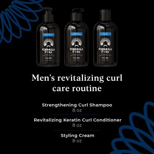 Fórmula F = Kx Men's Curl Care Essentials, fortalecendo o shampoo, revitalizando o condicionador de queratina e