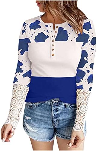 Narhbrg Womens Cow Print Sweater Lace Manga longa Henley Tops Button Casual Up Tunic Blouse