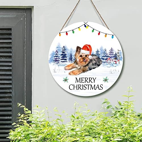 Cachorro com chapéu de Papai Noel em neve parede de madeira arte placa feliz natal aquarela cão sinais rústicos sinais de natal porta de Natal Cão de férias de Natal Pug Round plac para a porta da varanda da frente 10x10in
