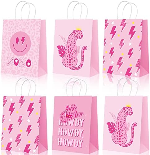 16 PCs Preppy Pink Bulk Kraft Party Gift Sacols com alças Pink Party Favors Bags Sacos de papel de festa