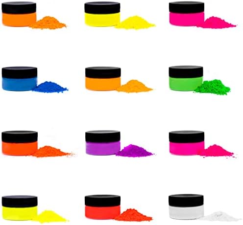 Rolio - Pó fluorescente - 12 Jarros de pigmento 3g para tinta, corante, fabricação de sabão, esmalte, resina epóxi, fabricação de velas, bombas de banho, lodo