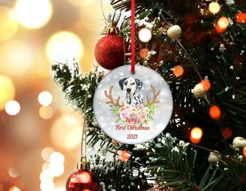Primeiro ornamento de Natal do bebê Dalsácia Dog Ornamentos para a árvore de natal 2021 Feliz Natal Decoração do ornamento Snowflake Flor Dog Ornamento de Natal bebê presente de Natal Gift Dog Lover Gifts Gifts