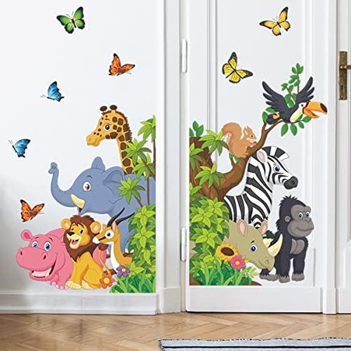 Decoração do berçário do safari, adesivos de parede do tema da selva para quarto de bebê girafa leão zebra elefante vinil adesivos para crianças sala de aula de sala de aula de sala de aula e decoração de parede da sala de crianças