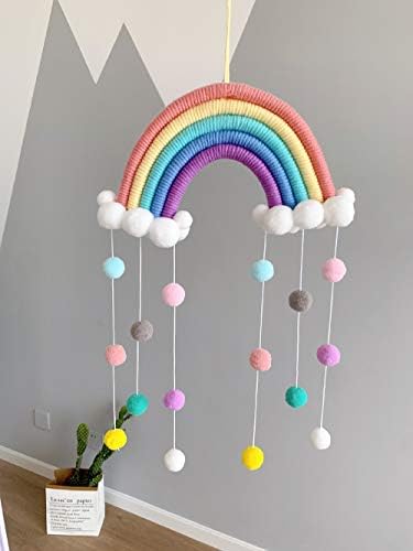 Decoração de parede arco-íris tecida à mão, arco-íris com pom pom ball parede pendurada guirlandas para o quarto de crianças, suprimentos para festas de chá de bebê （10 x 19,7）