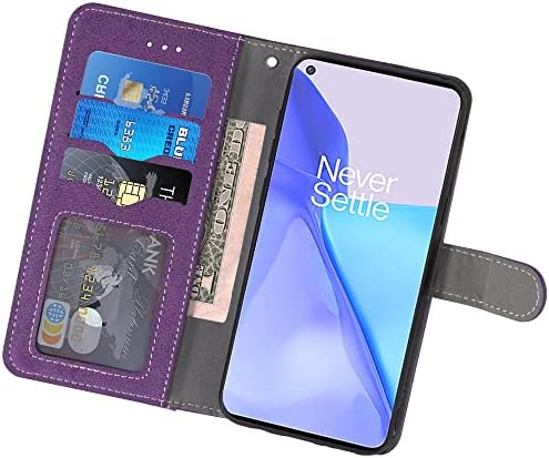 ASUWISH compatível com o OnePlus 9 OnePlus9 5G Caixa da carteira e do protetor de tela de vidro temperado Caso de telefone de cartão de crédito Titular do cartão de crédito para um mais 9 em 1 mais 1PLUS ONE+ 1+ 1+ 9 Nove roxo