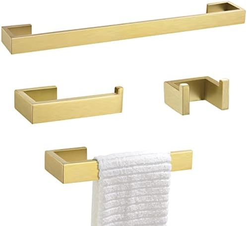 Barra de toalha de ouro Conjunto de 4 peças Hardware de banheiro conjunto de aço inoxidável montado na parede, barra de toalha+suporte de toalha+gancho de toalha+suporte de papel higiênico, 23,6 polegadas