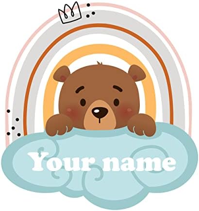 Nome personalizável Decalque de parede com urso fofo na nuvem arco -íris com ñrown para menina ou menino - crie adesivos de nomes personalizados para decorações de parede para bebês para berçário 16x15 polegadas polegadas